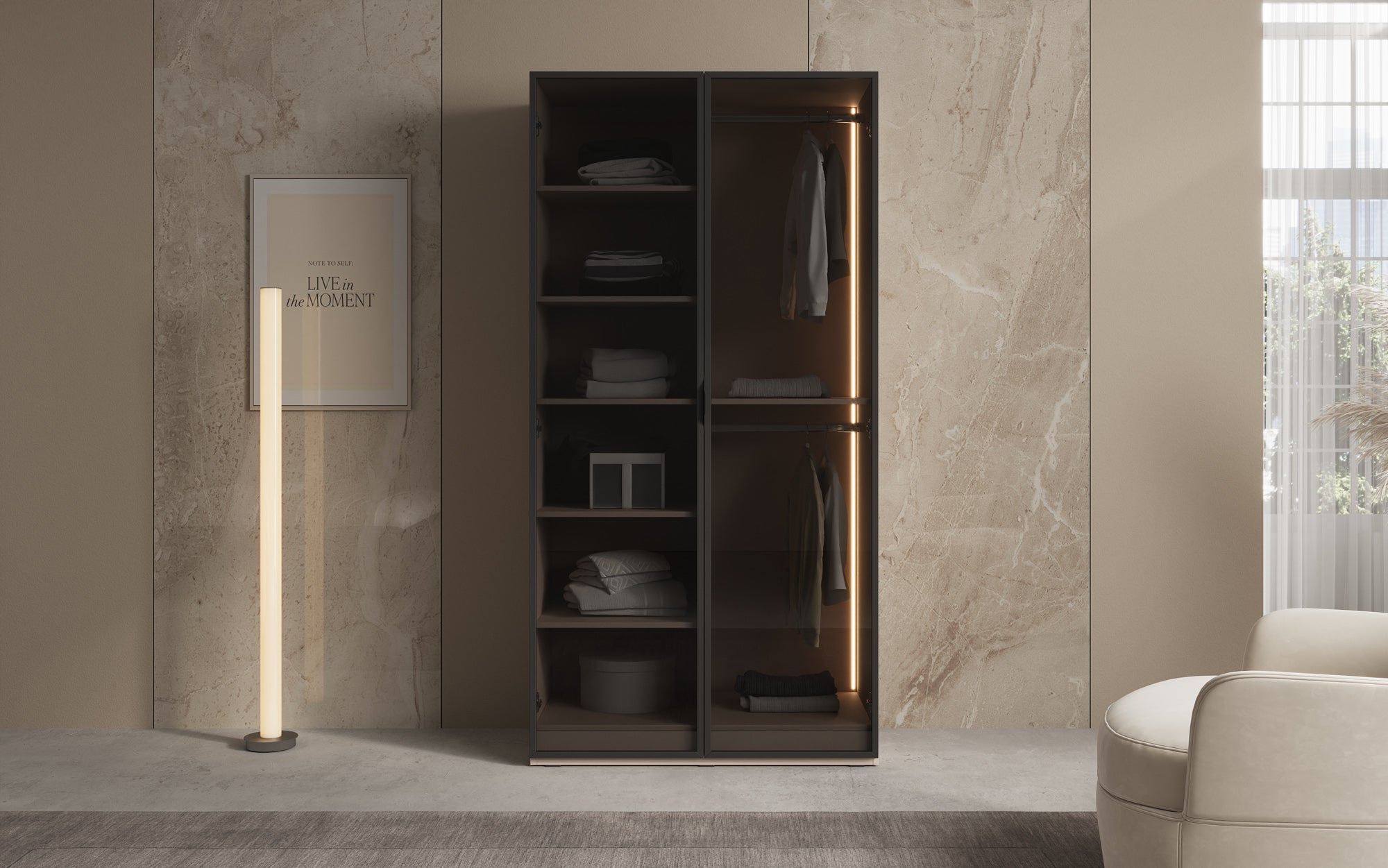 Modulo Luno – Designer wardrobe with glass front and LED interior lighting