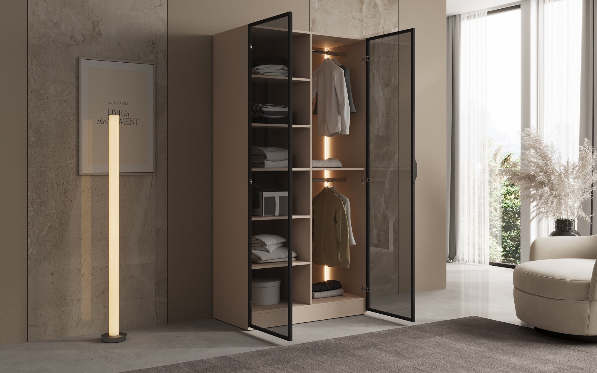 Modulo Luno – Designer wardrobe with glass front and LED interior lighting