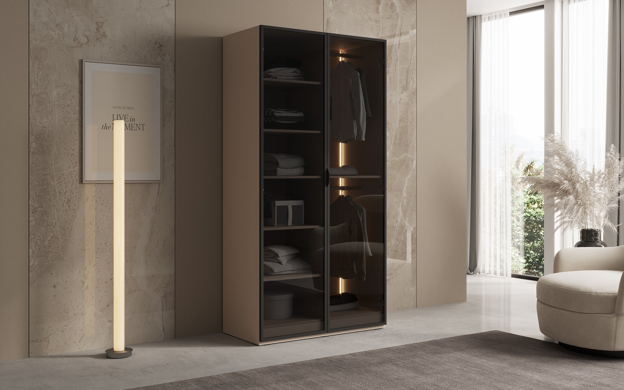 Modulo Luno – Designer wardrobe with glass front and LED interior lighting