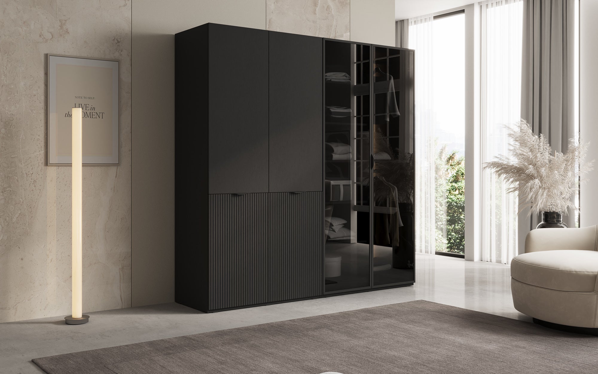 Modulo Nero – Modular wardrobe with glass and textured front