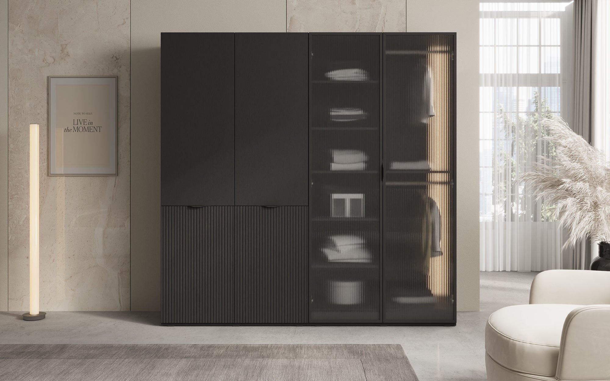 Modulo Ravo – Modular wardrobe with ribbed glass front and structural panel