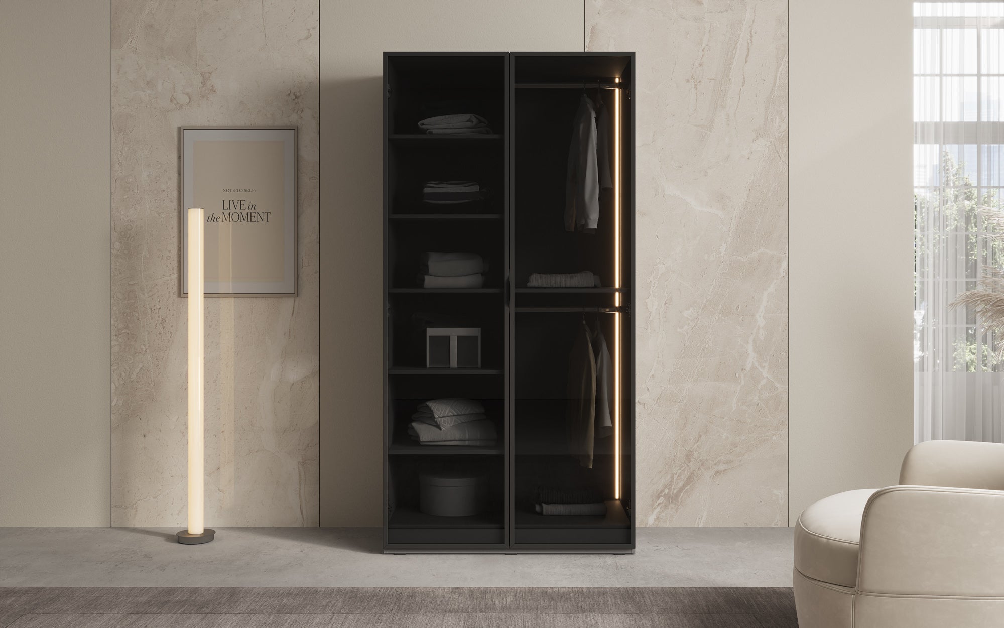 Modulo Luno – Designer wardrobe with glass front and LED interior lighting