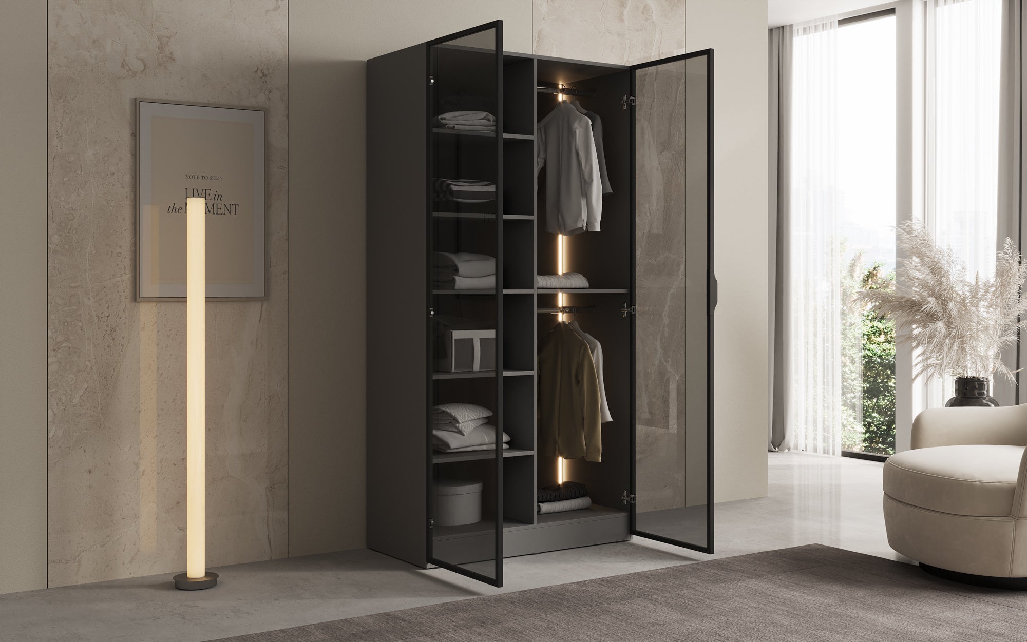 Modulo Luno – Designer wardrobe with glass front and LED interior lighting