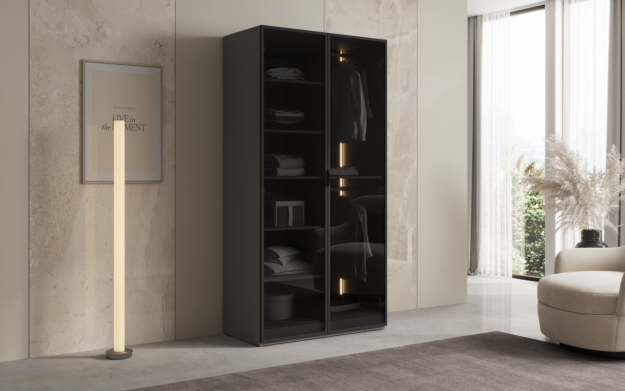 Modulo Luno – Designer wardrobe with glass front and LED interior lighting