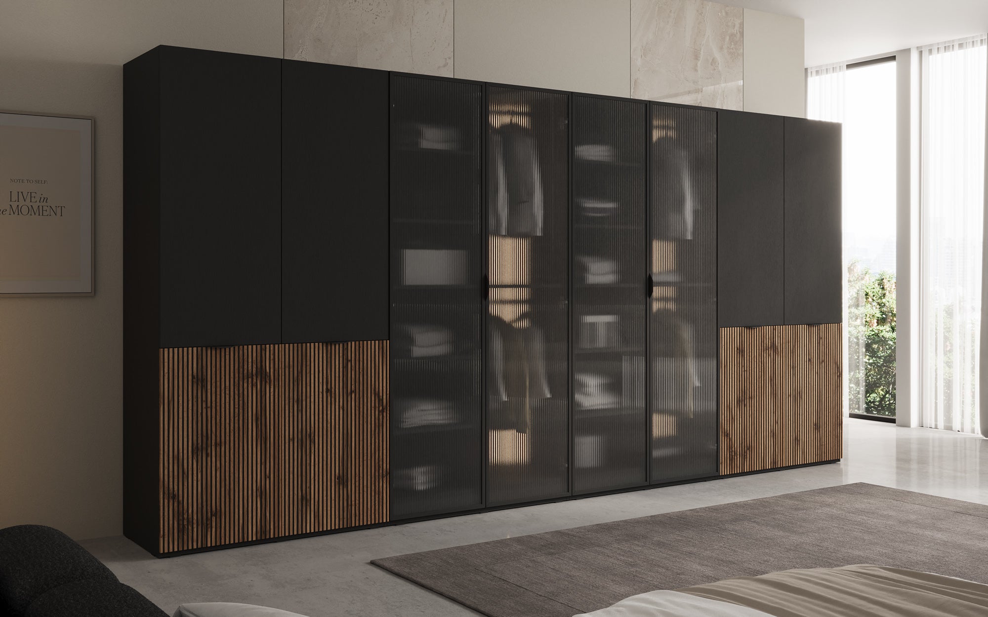 Modulo Kalen – Four-module design wardrobe with wood and textured glass front