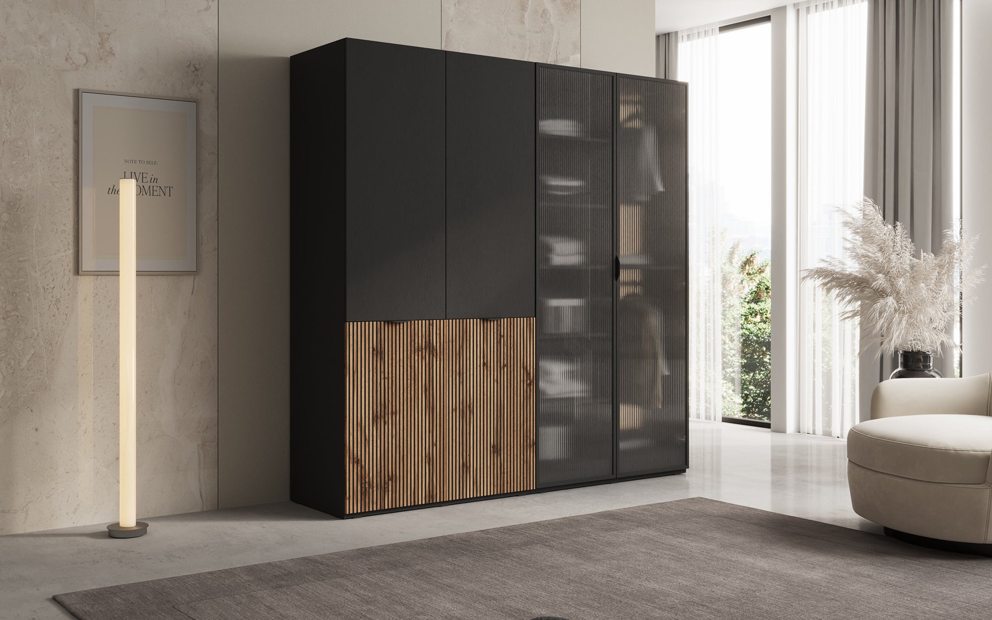 Modulo Ravel – Two-module design wardrobe with wood and structured glass front