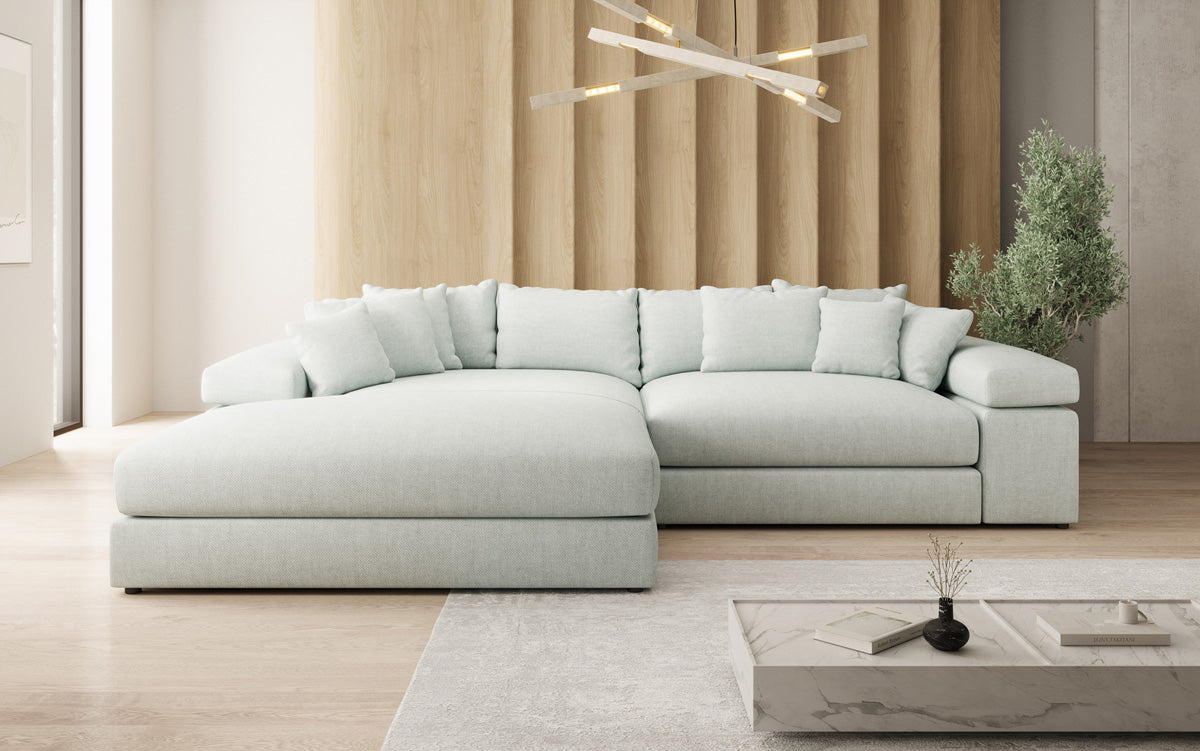 Designer corner sofa Bernardo with wide ottoman in linen look