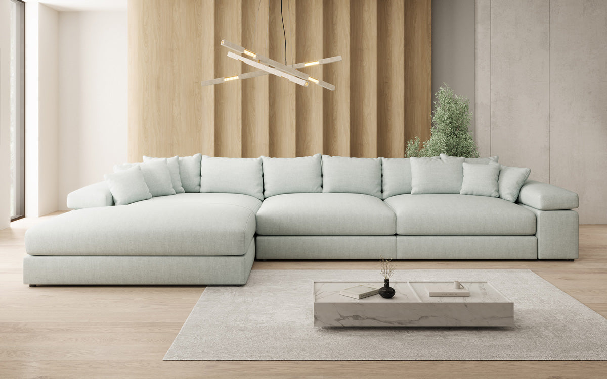 Designer corner sofa Bernardo Maxi with wide ottoman in linen look