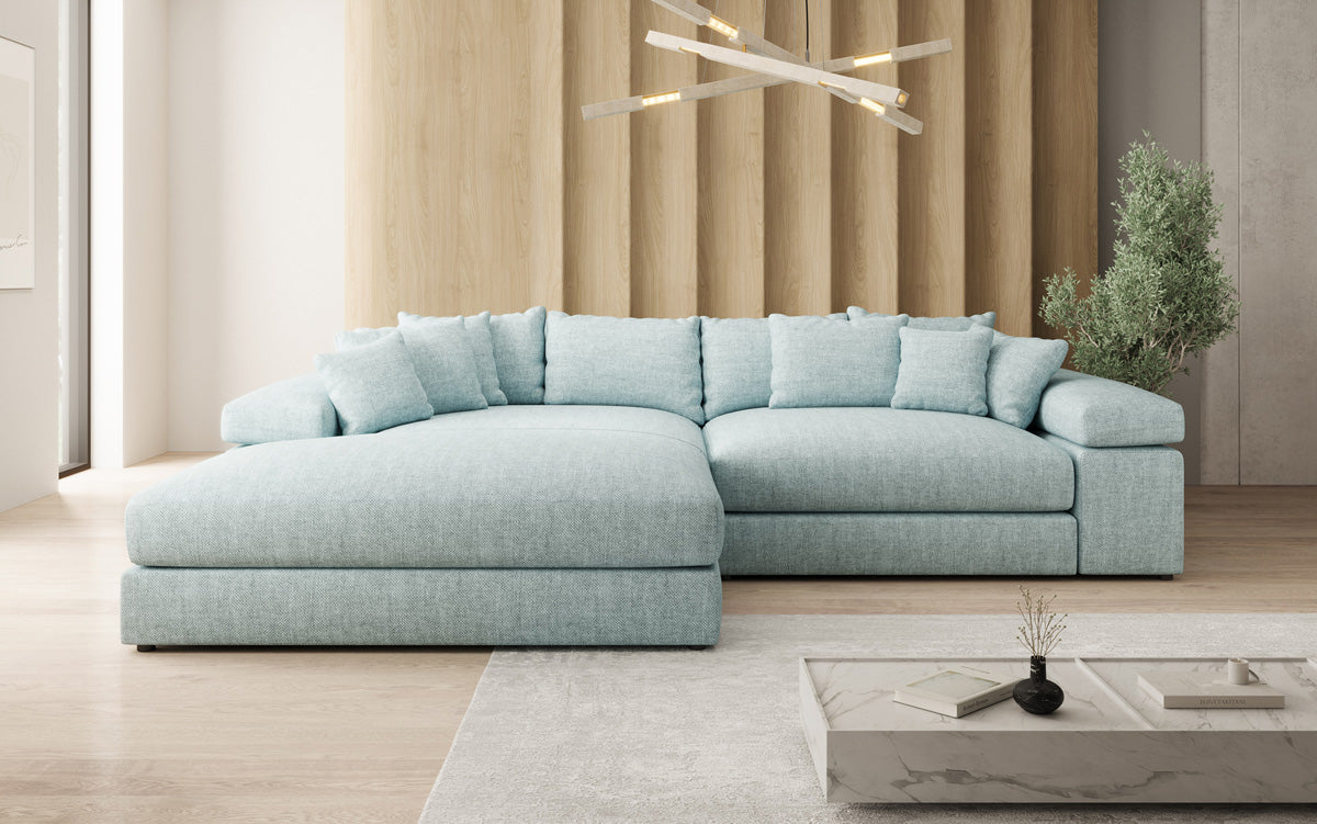 Designer corner sofa Bernardo with wide ottoman in linen look