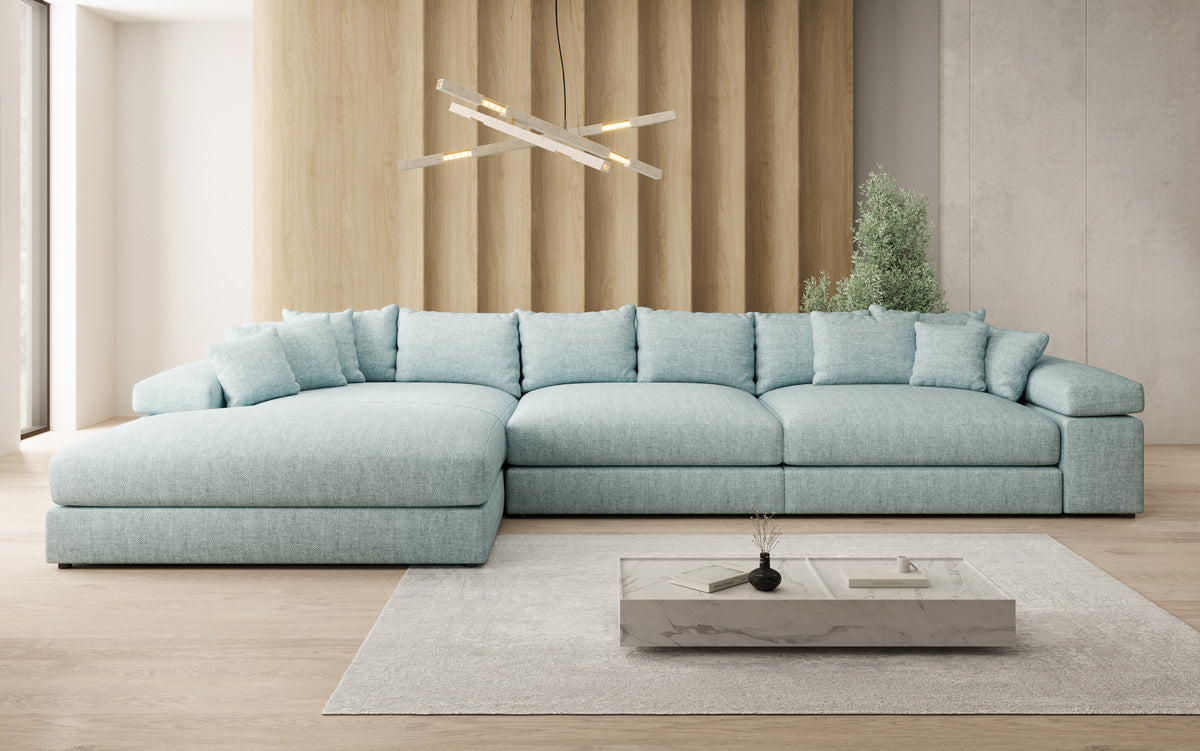 Designer corner sofa Bernardo Maxi with wide ottoman in linen look