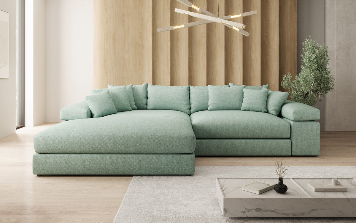Designer corner sofa Bernardo with wide ottoman in linen look