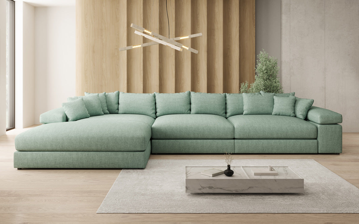 Designer corner sofa Bernardo Maxi with wide ottoman in linen look