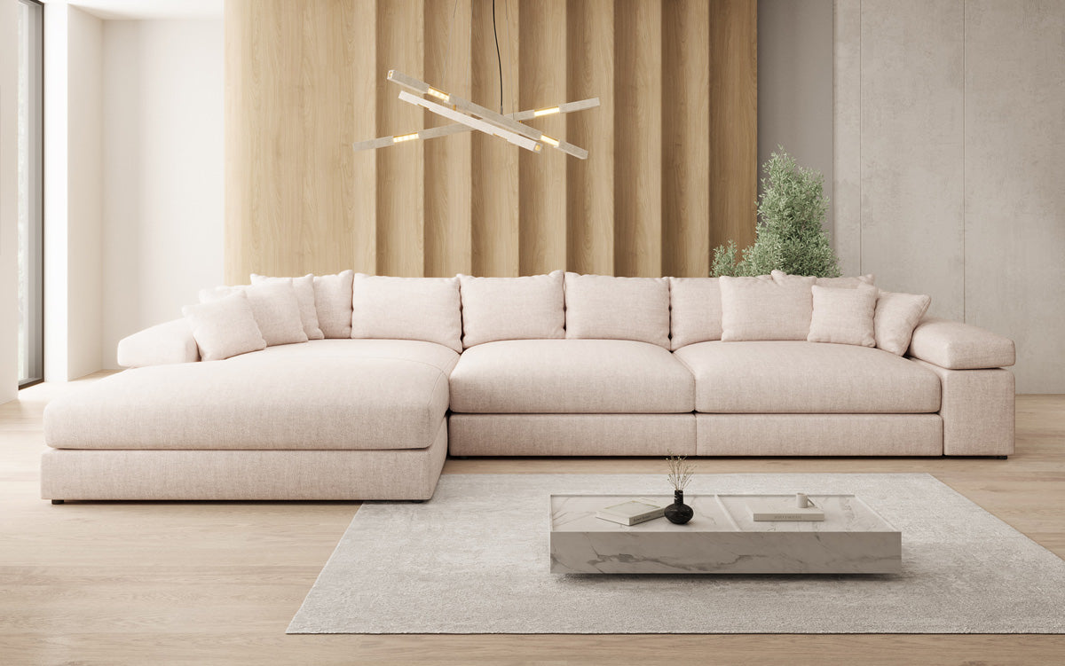 Designer corner sofa Bernardo Maxi with wide ottoman in linen look