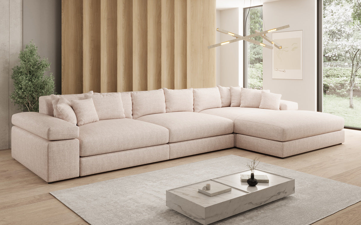 Designer corner sofa Bernardo Maxi with wide ottoman in linen look