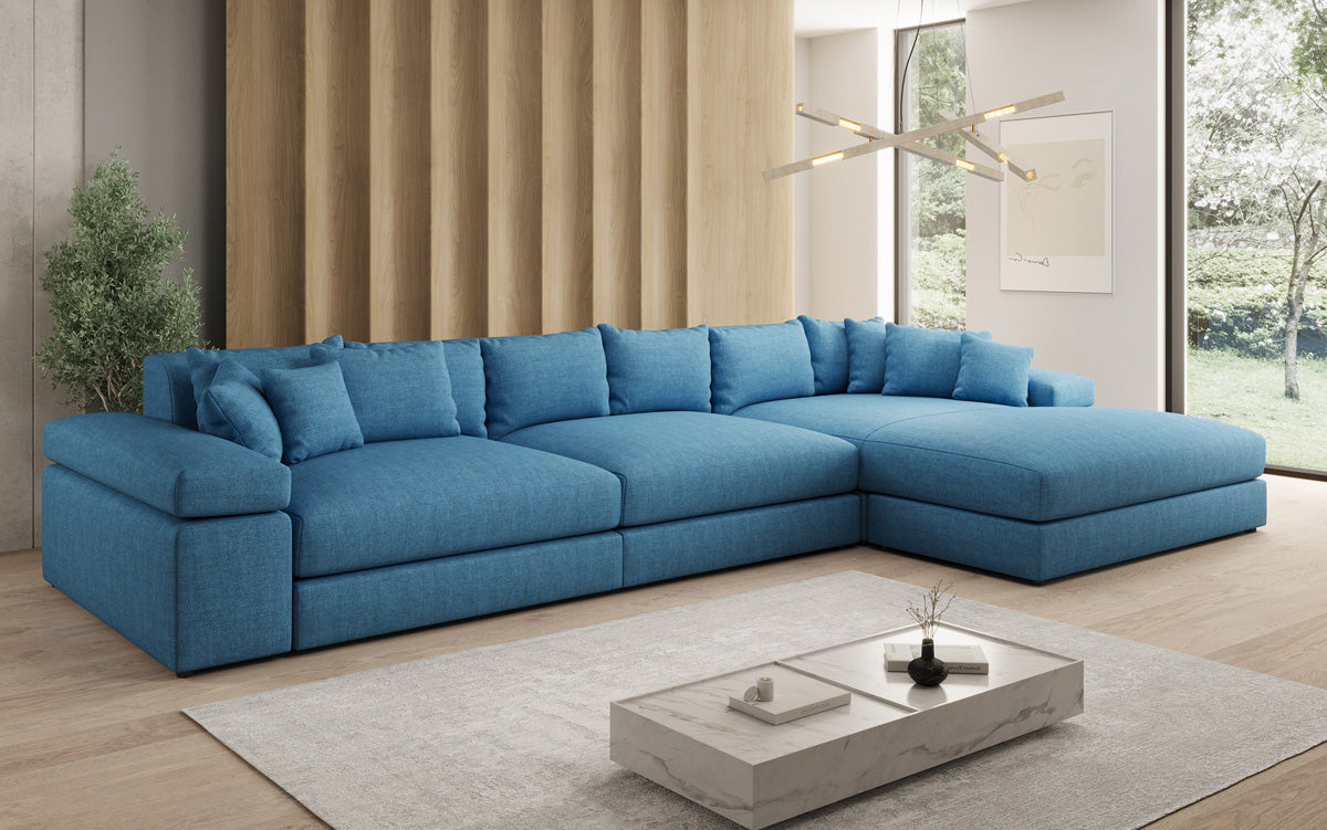 Designer corner sofa Bernardo Maxi with wide ottoman in linen look