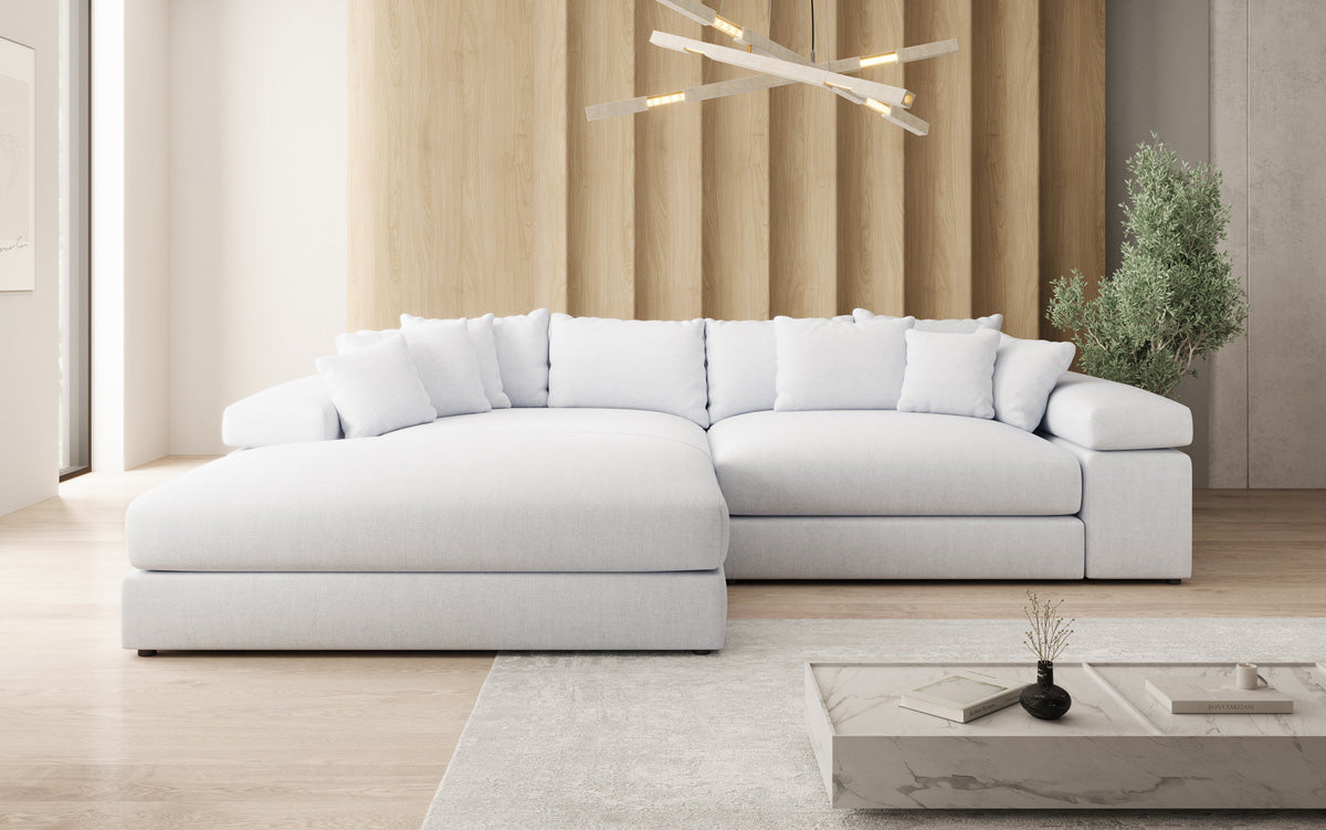 Designer corner sofa Bernardo with wide ottoman in linen look