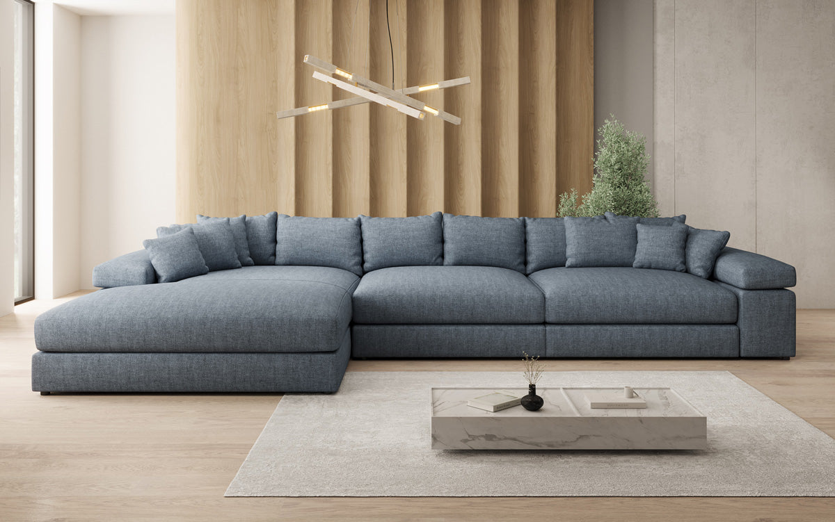 Designer corner sofa Bernardo Maxi with wide ottoman in linen look