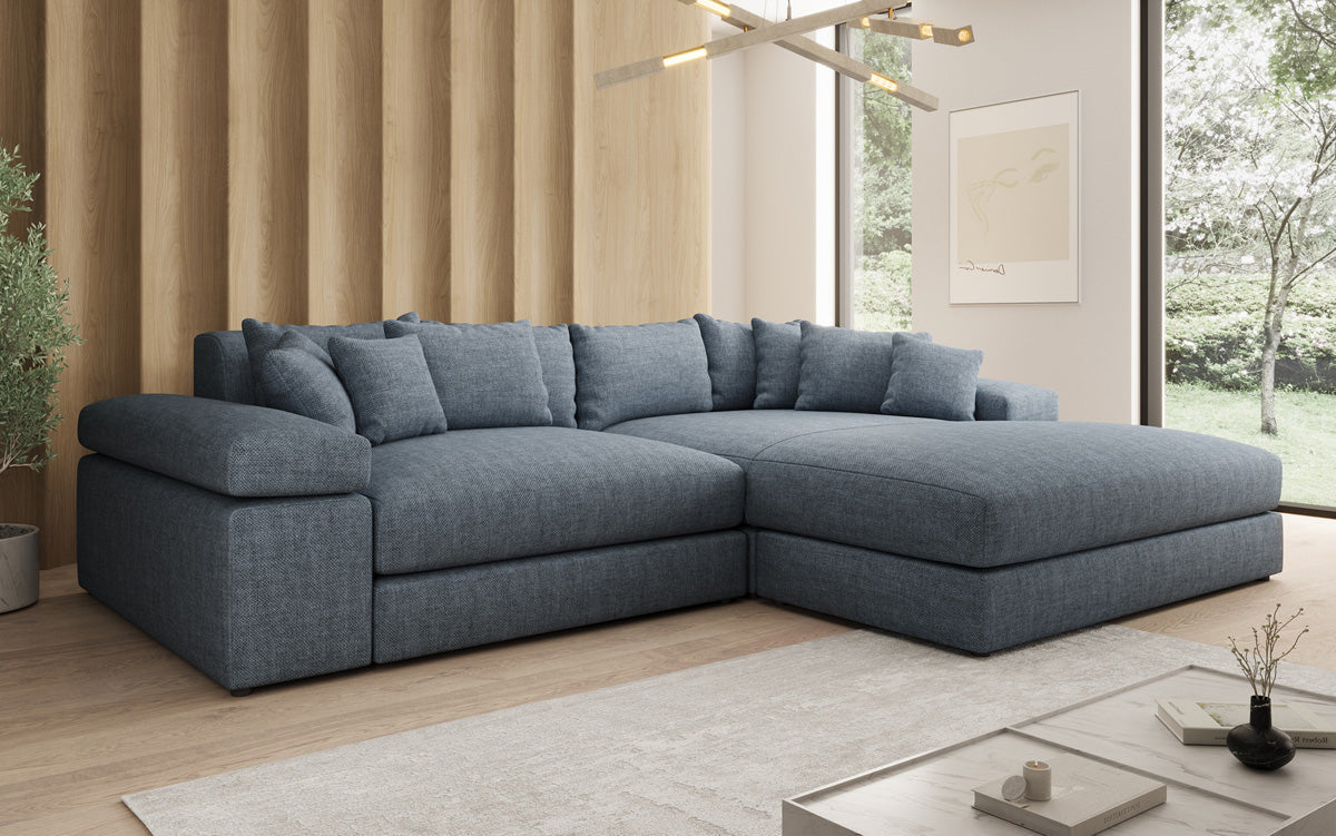 Designer corner sofa Bernardo with wide ottoman in linen look