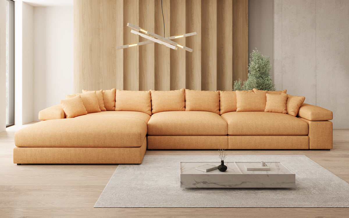 Designer corner sofa Bernardo Maxi with wide ottoman in linen look