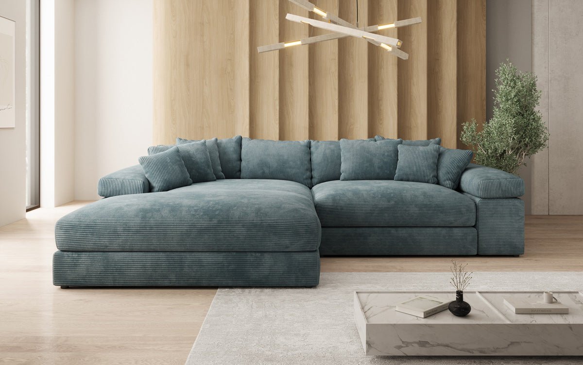 Designer Sofa Bernardo with wide Ottoman in Corduroy