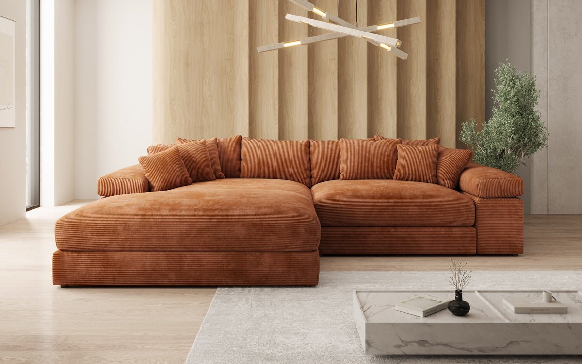 Designer Sofa Bernardo with wide Ottoman in Corduroy