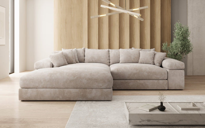 Designer corner sofa Bernardo with wide ottoman in Corduroy