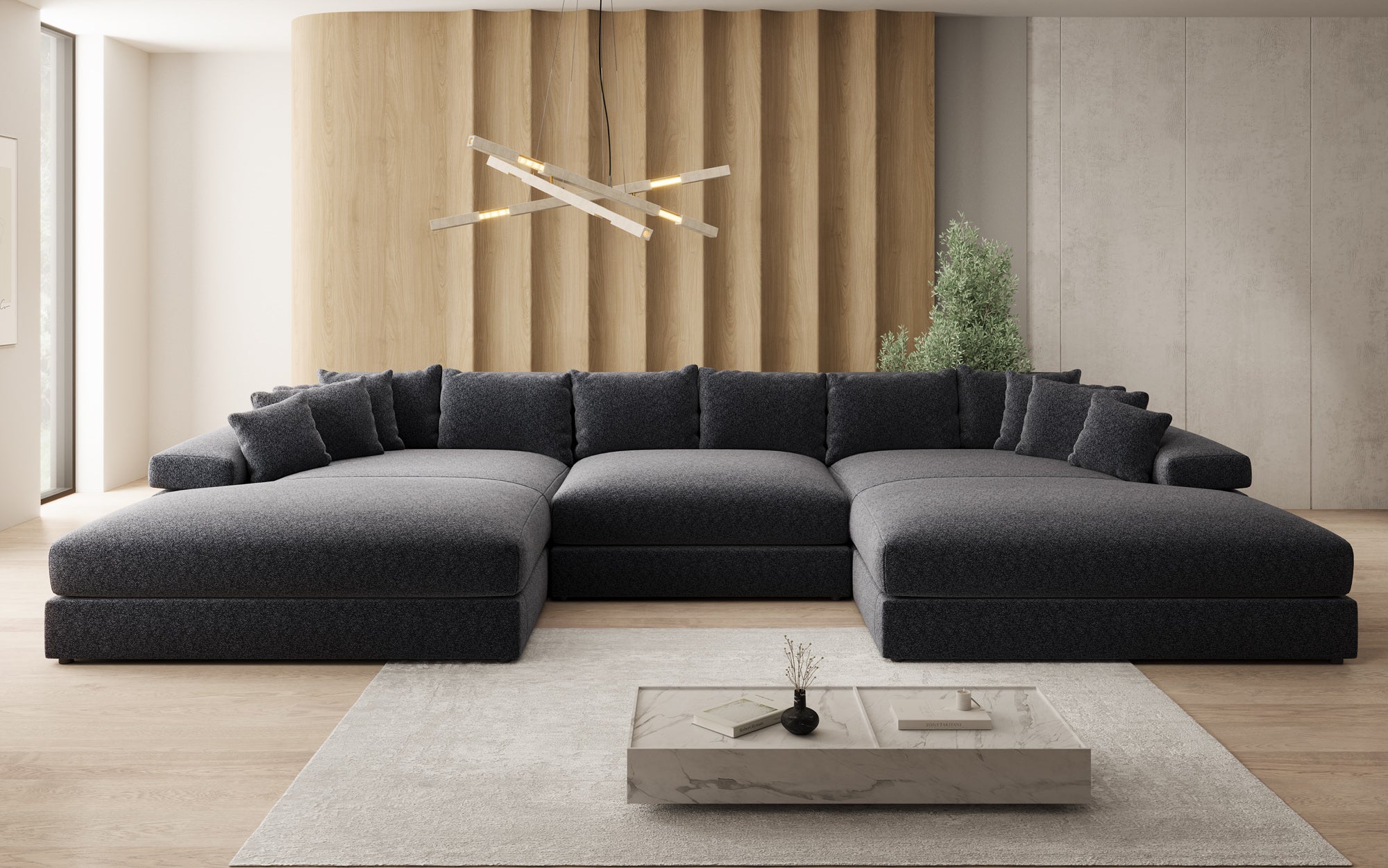 Designer Sofa Bernardo U with Wide Ottoman in Textured Fabric