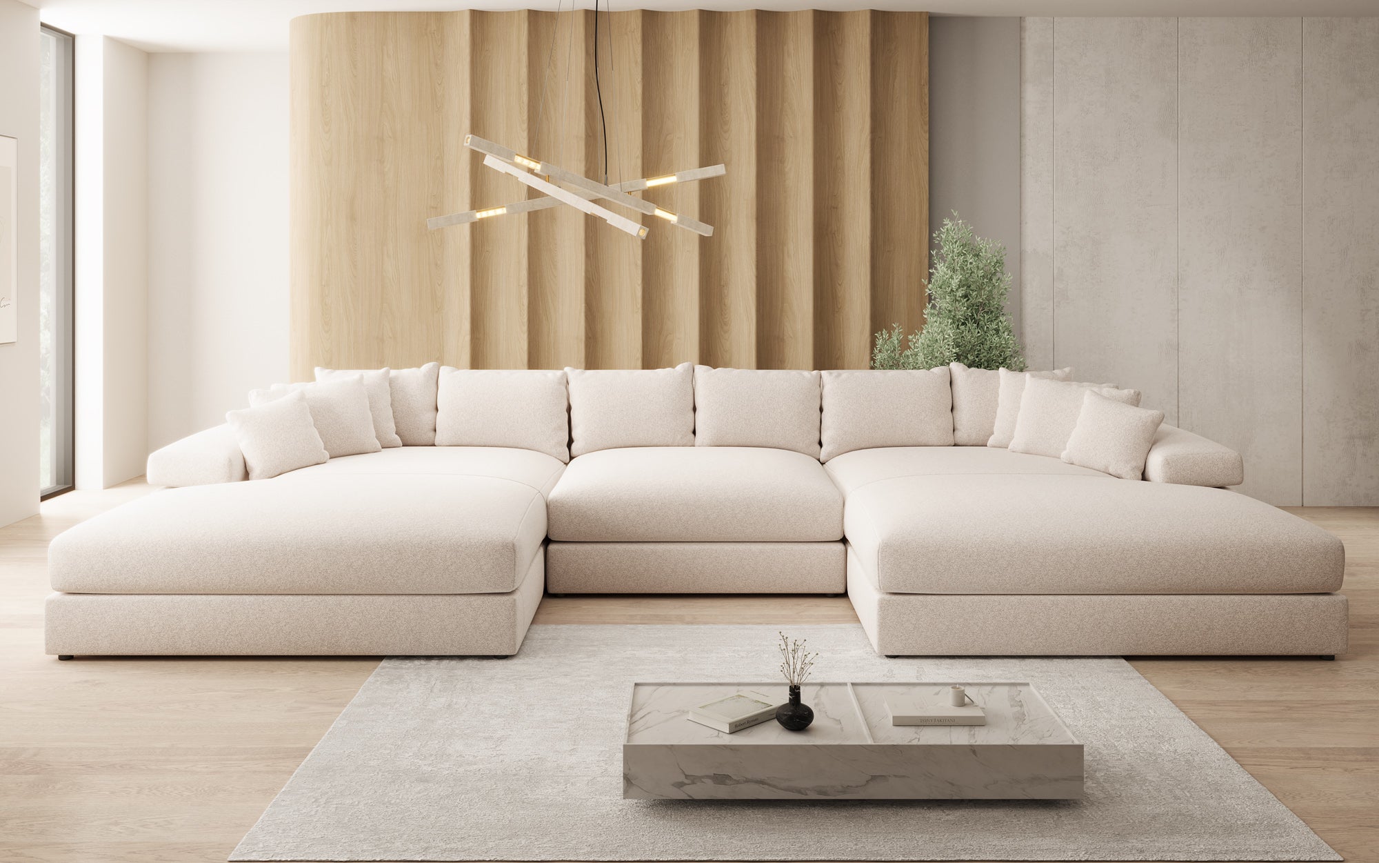 Designer Sofa Bernardo U with Wide Ottoman in Textured Fabric