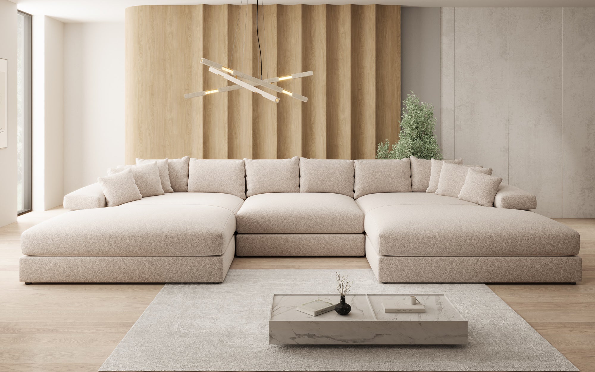 Designer Sofa Bernardo U with Wide Ottoman in Textured Fabric