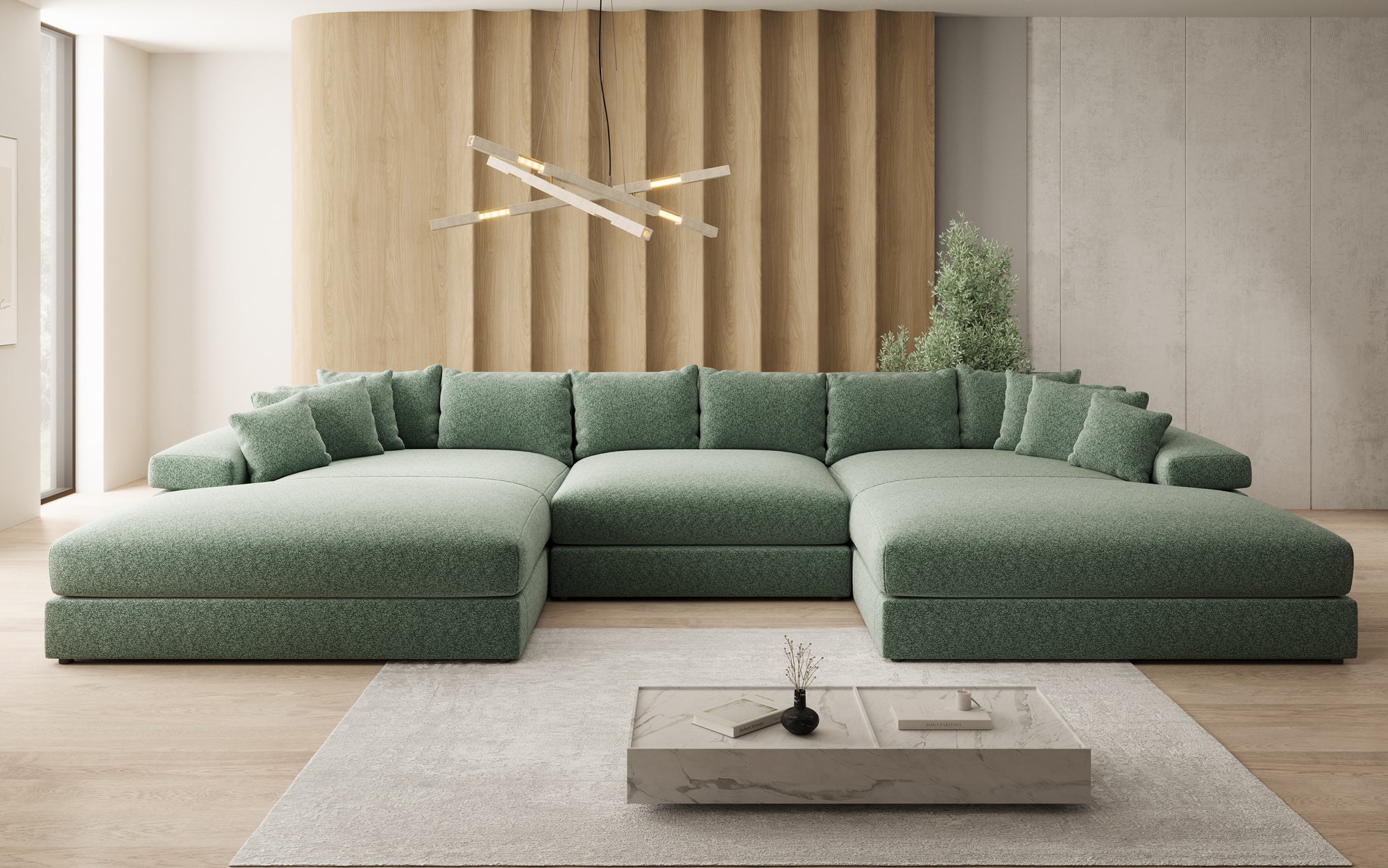 Designer Sofa Bernardo U with Wide Ottoman in Textured Fabric