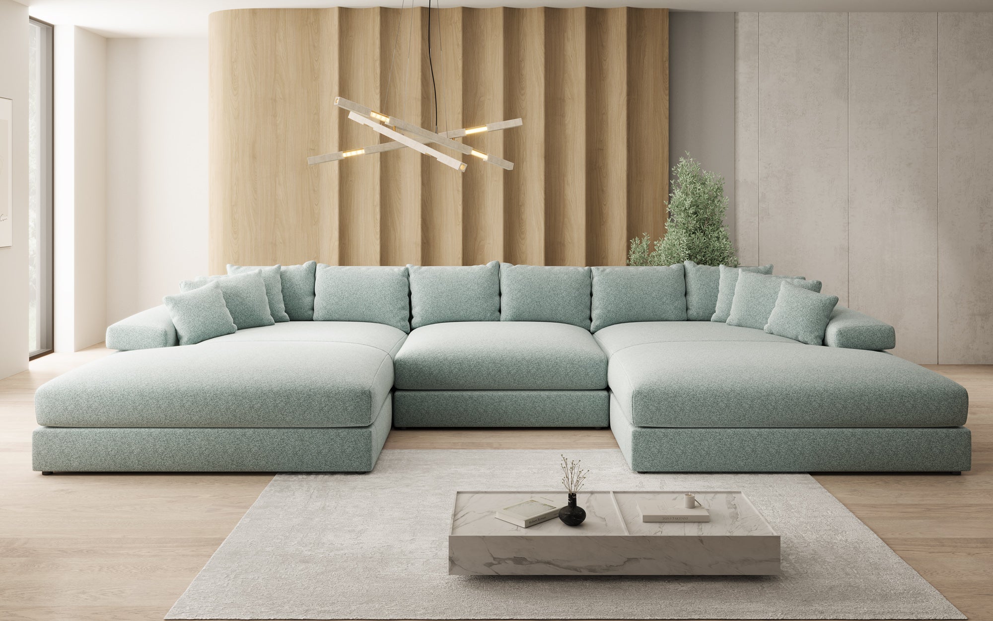 Designer Sofa Bernardo U with Wide Ottoman in Textured Fabric