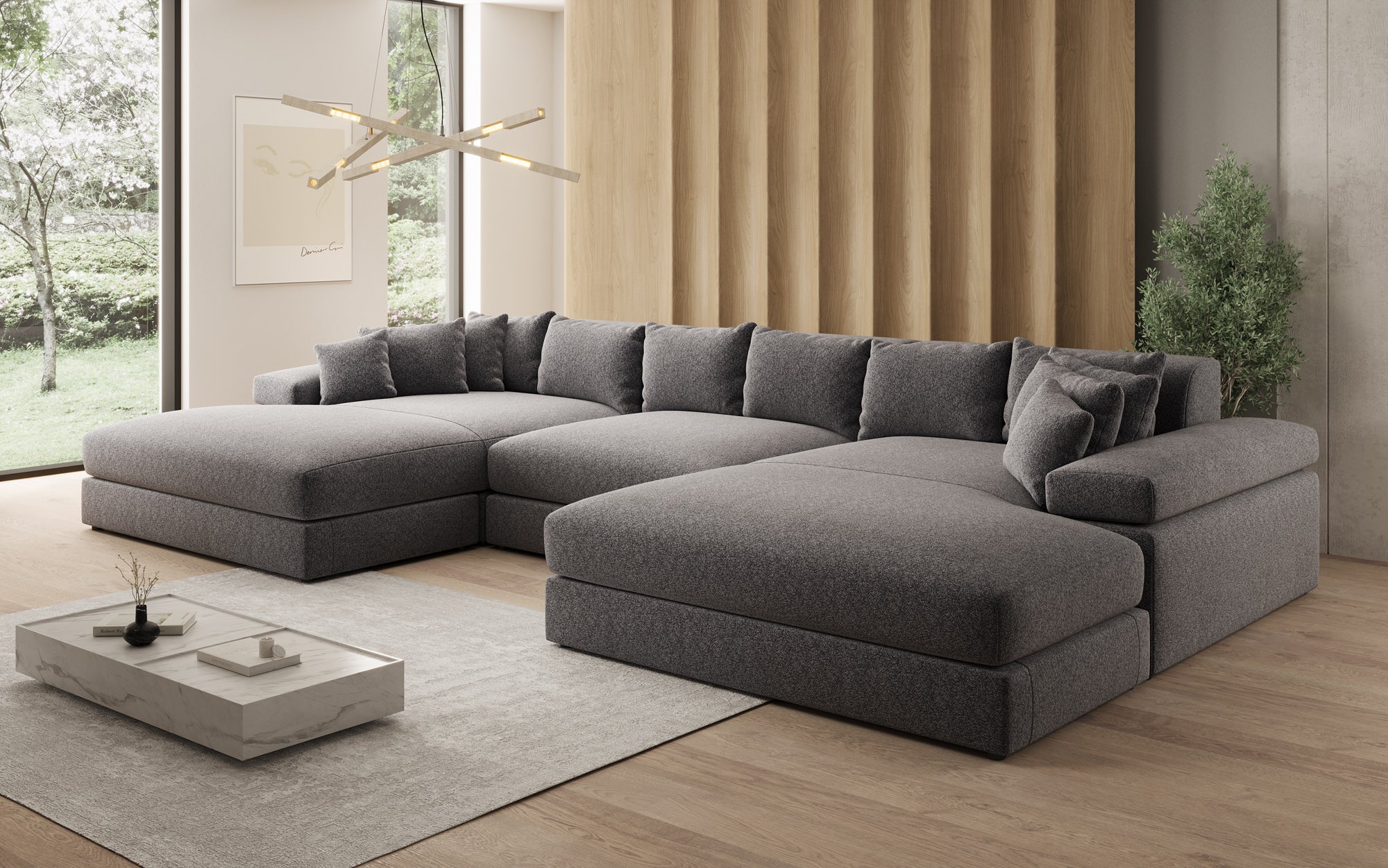 Designer Sofa Bernardo U with Wide Ottoman in Textured Fabric