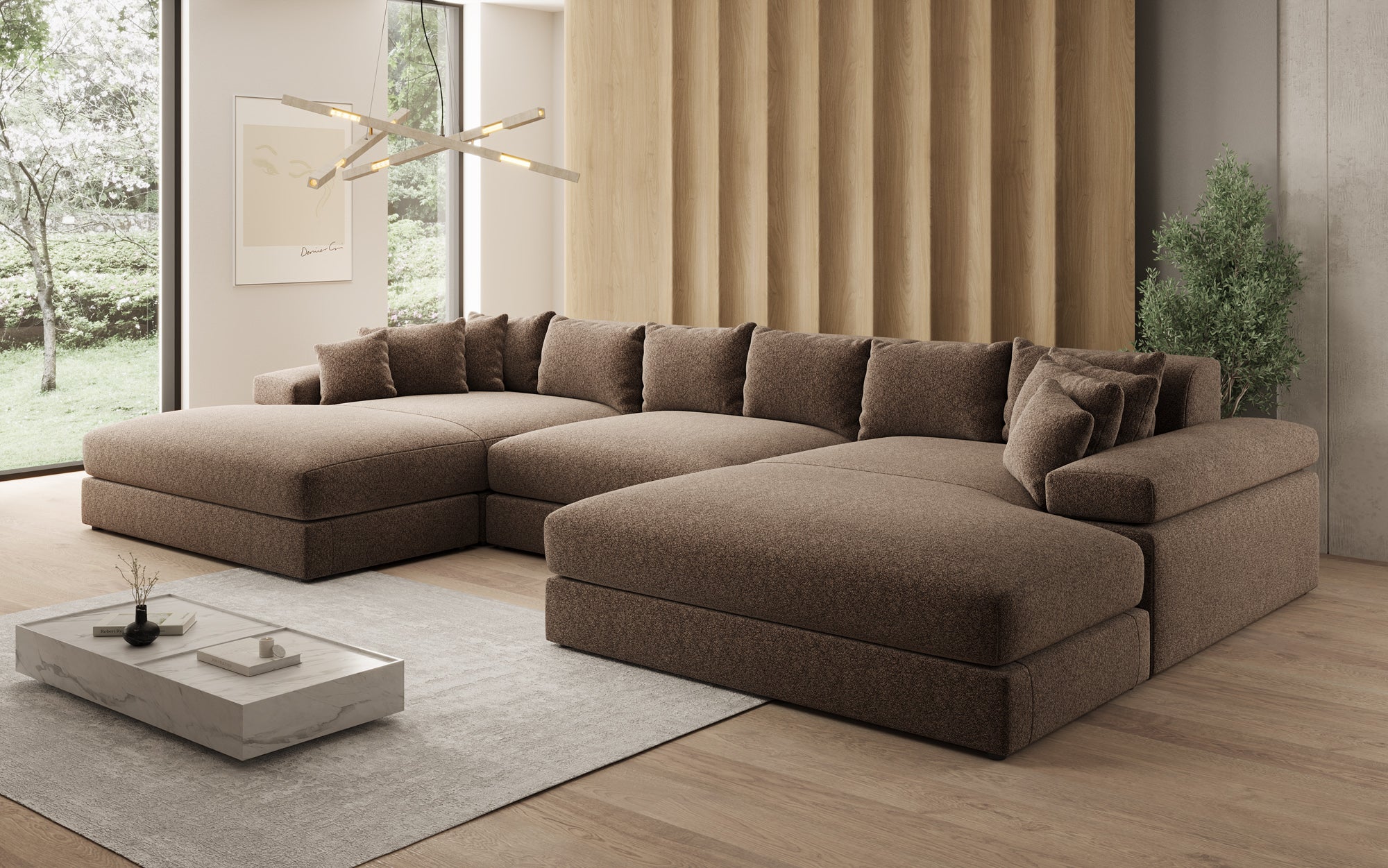 Designer Sofa Bernardo U with Wide Ottoman in Textured Fabric
