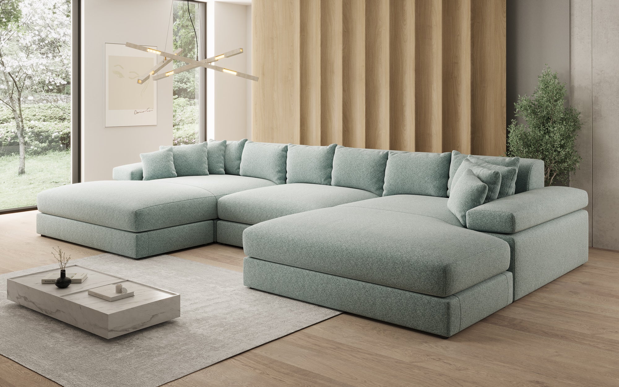 Designer Sofa Bernardo U with Wide Ottoman in Textured Fabric