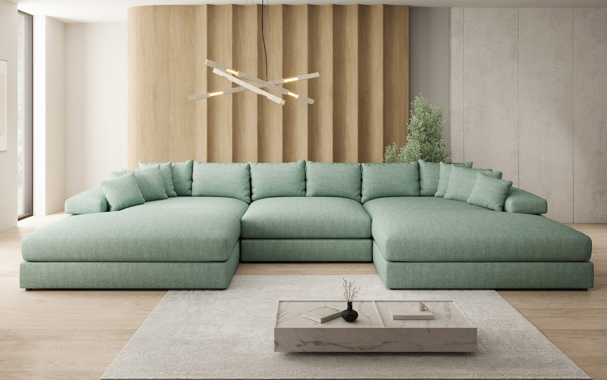 Designer sofa Bernardo U with wide ottoman in linen look