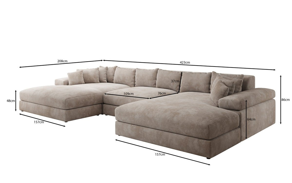 Designer Sofa Bernardo U mit breiter Ottomane in Cord