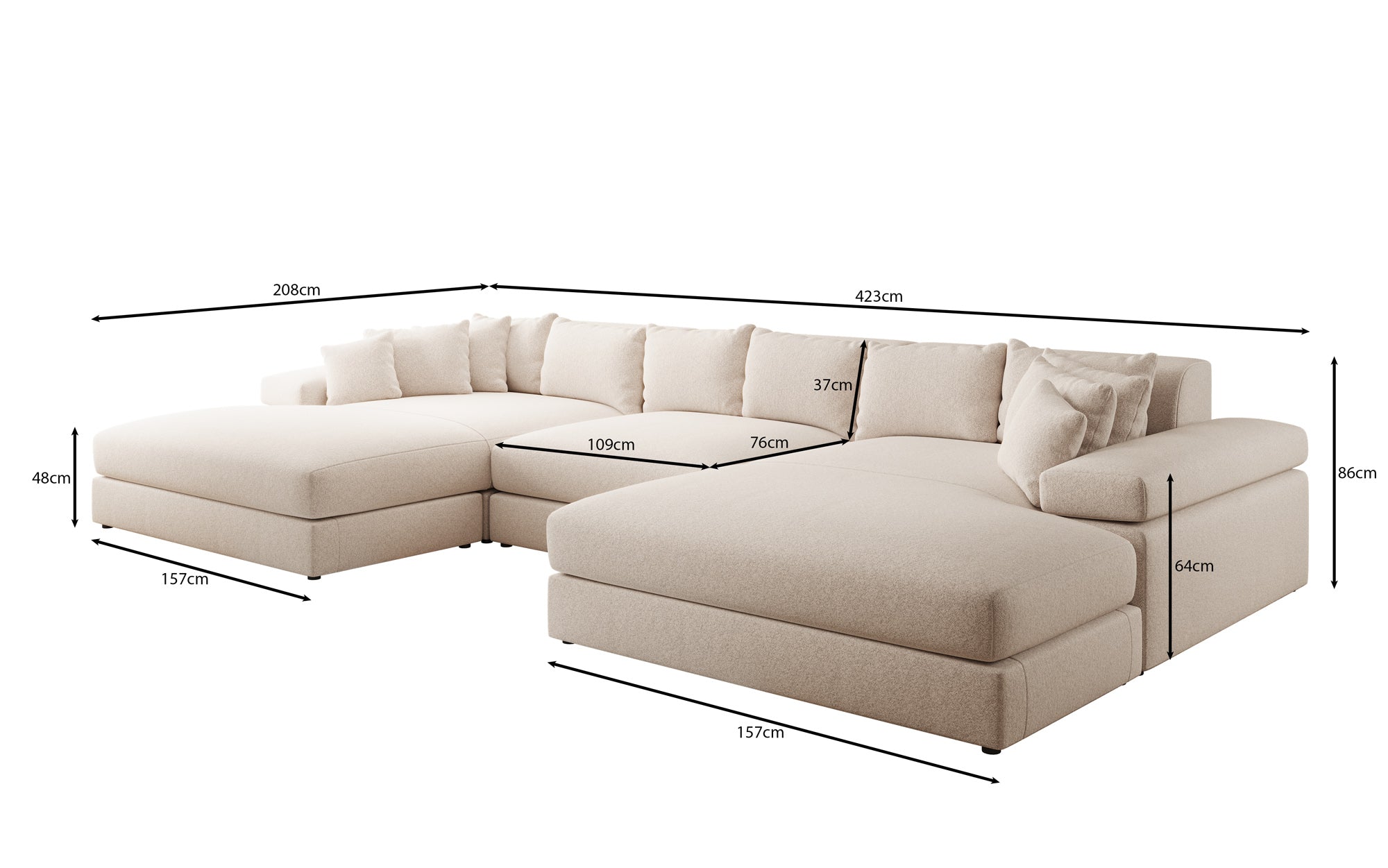 Designer Sofa Bernardo U with Wide Ottoman in Textured Fabric