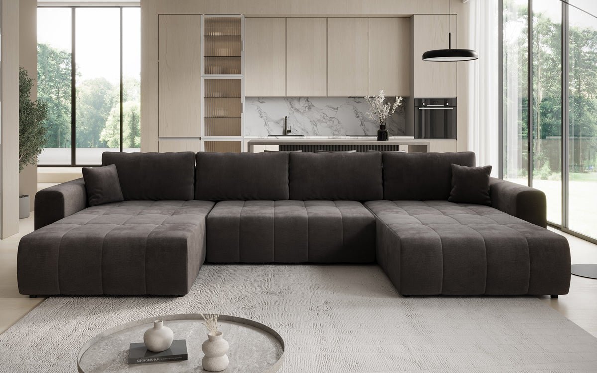 Designer sofa Leveno U with sleeping and folding function in velvet