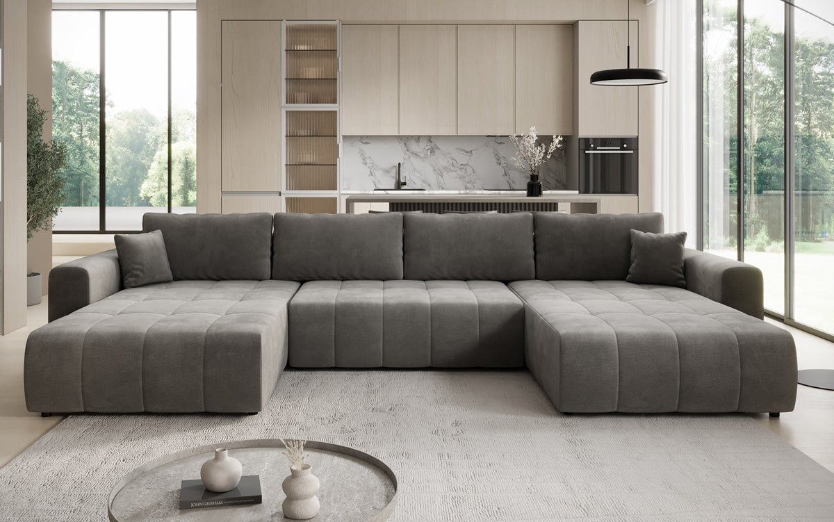 Designer sofa Leveno U with sleeping and folding function in velvet
