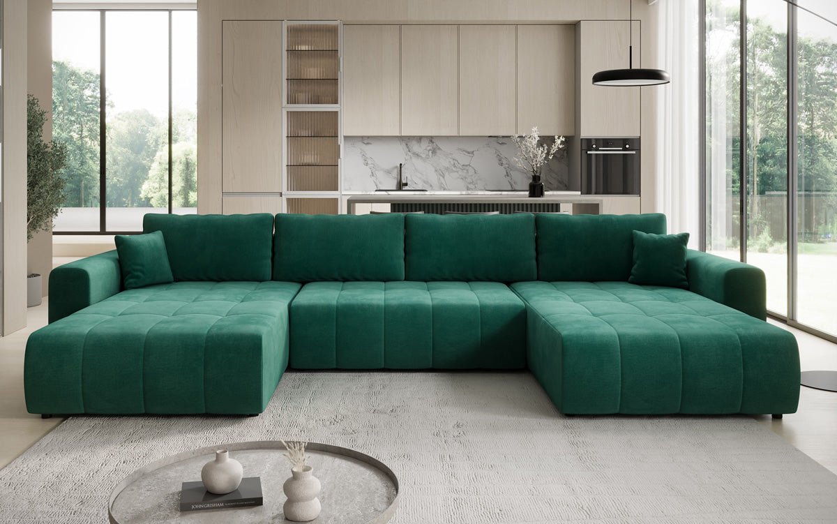 Designer sofa Leveno U with sleeping and folding function in velvet