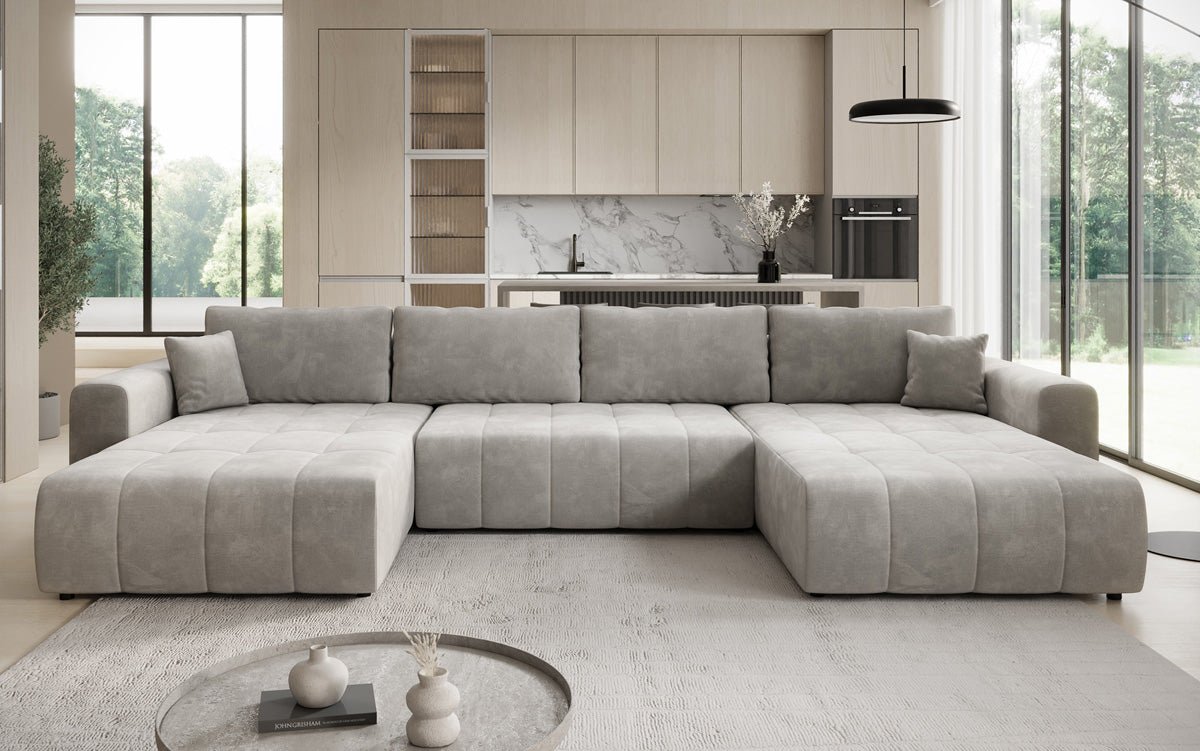 Designer sofa Leveno U with sleeping and folding function in velvet
