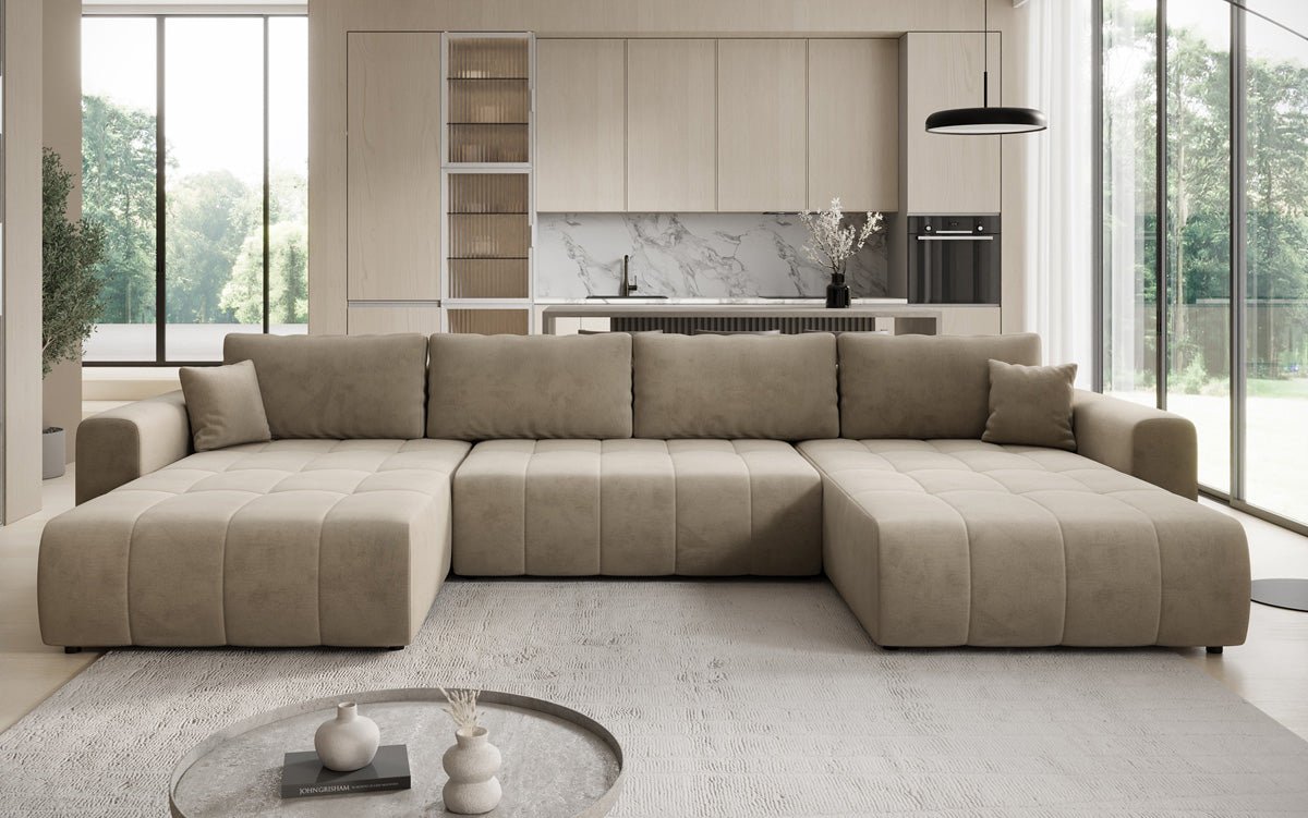 Designer sofa Leveno U with sleeping and folding function in velvet