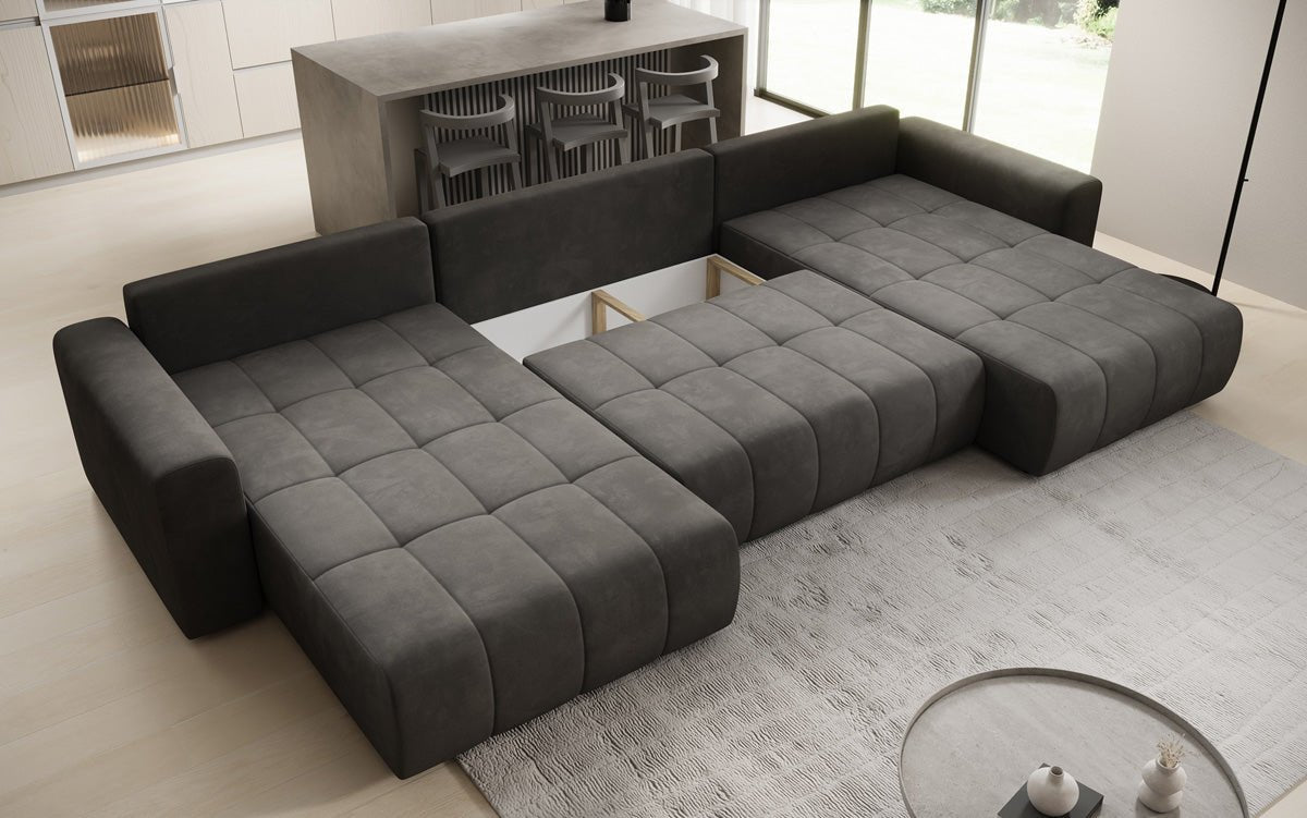 Designer sofa Leveno U with sleeping and folding function in velvet