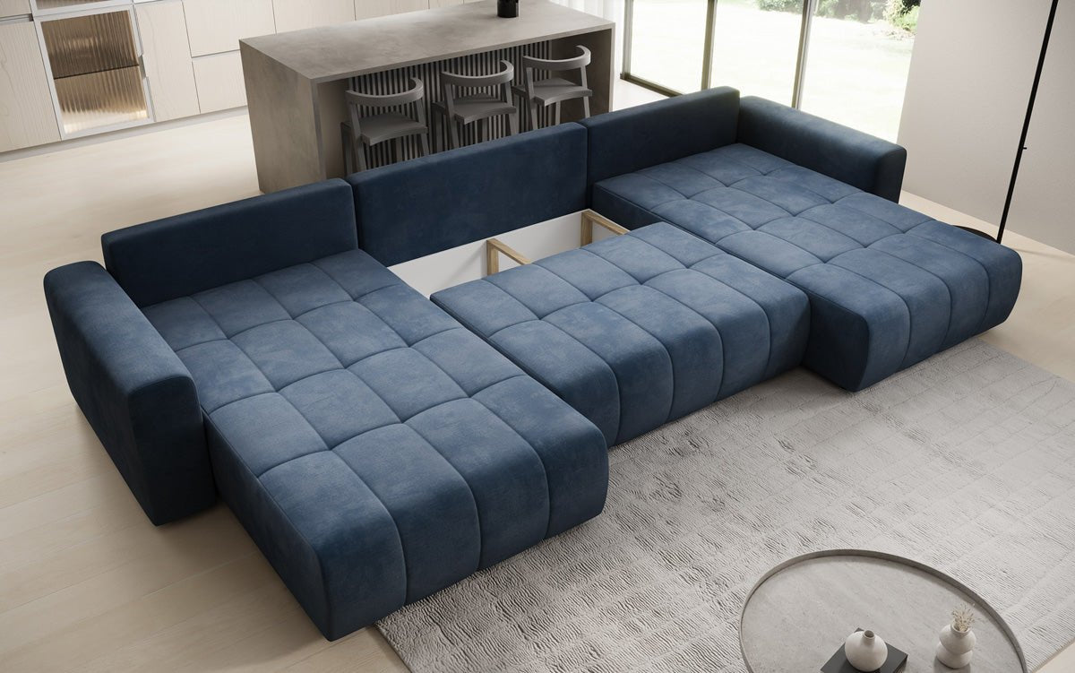 Designer sofa Leveno U with sleeping and folding function in velvet