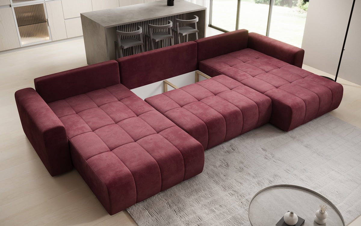 Designer sofa Leveno U with sleeping and folding function in velvet