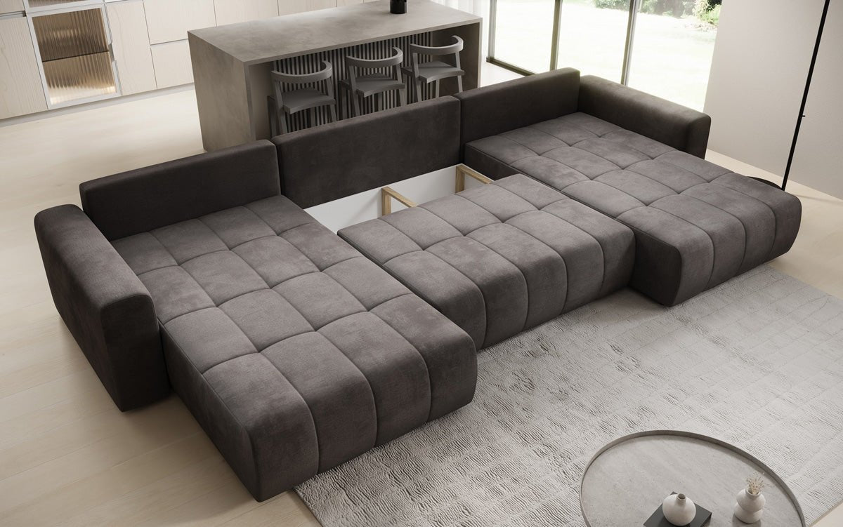 Designer sofa Leveno U with sleeping and folding function in velvet