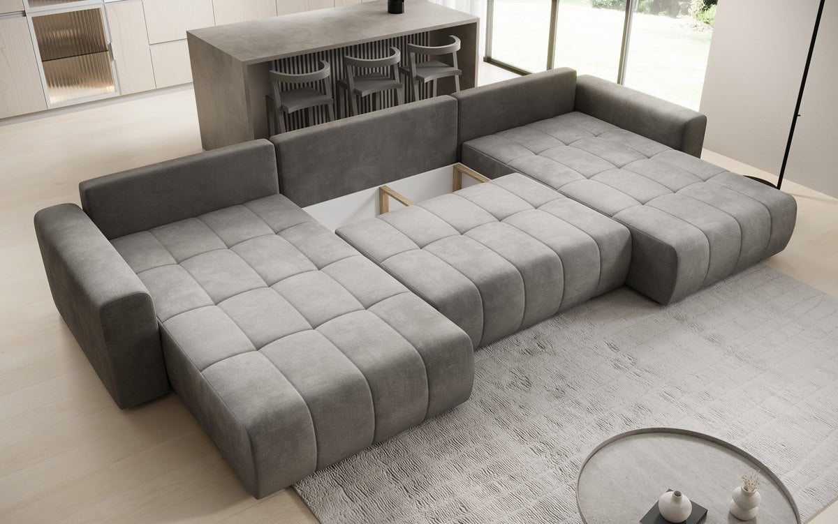 Designer sofa Leveno U with sleeping and folding function in velvet