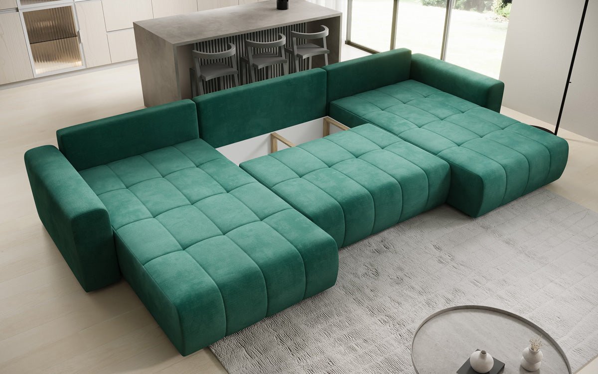 Designer sofa Leveno U with sleeping and folding function in velvet