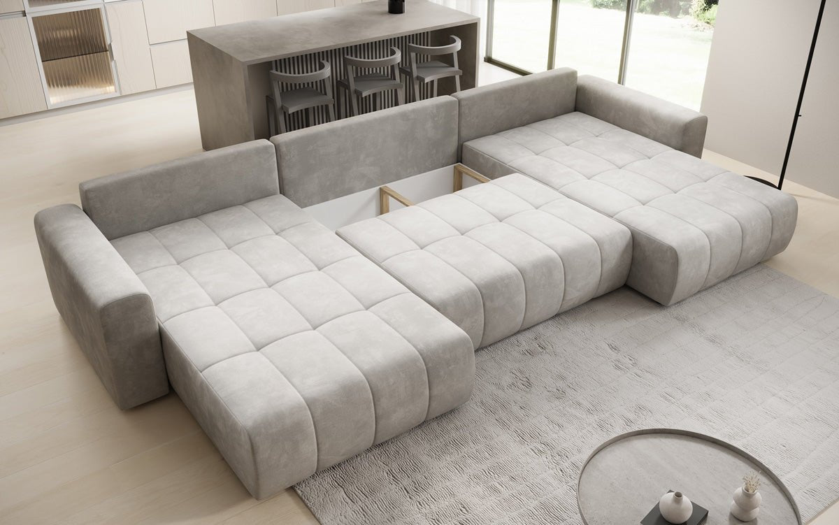 Designer sofa Leveno U with sleeping and folding function in velvet