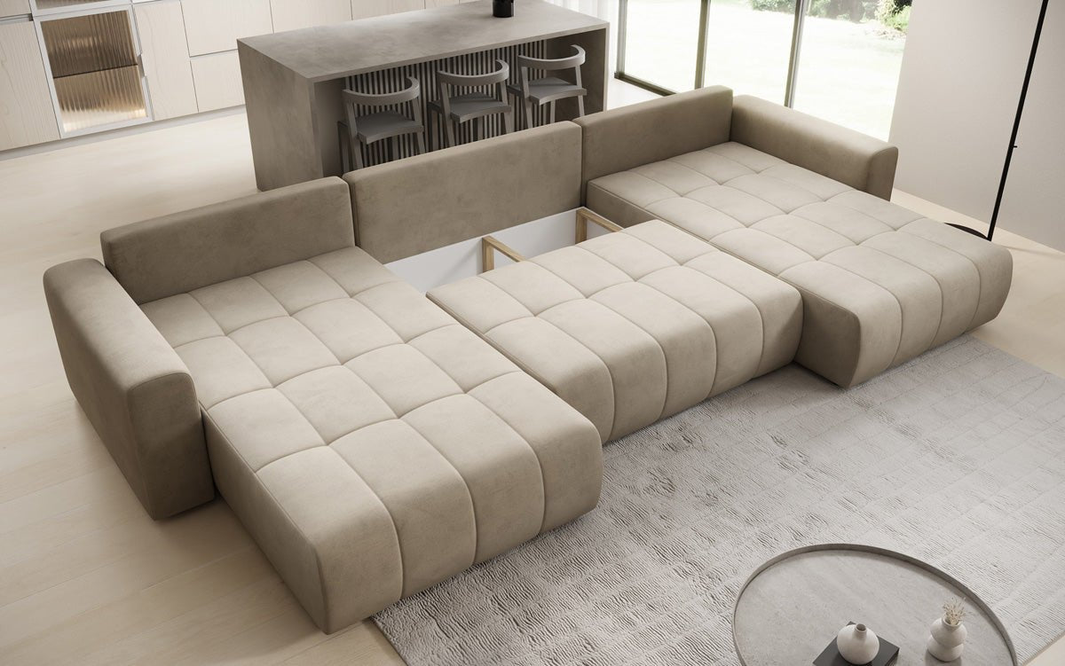 Designer sofa Leveno U with sleeping and folding function in velvet